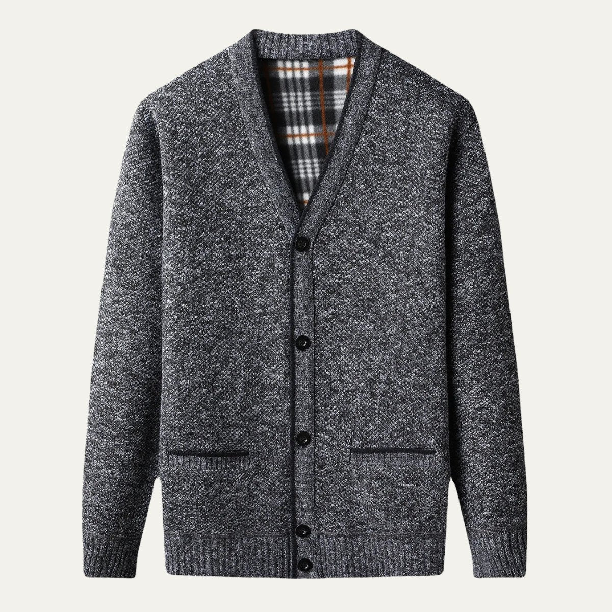 Men's plaid lined button up cardigan in dark gray — detail view