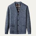 Men's plaid lined button up cardigan in blue