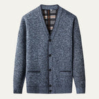 Men's plaid lined button up cardigan in blue