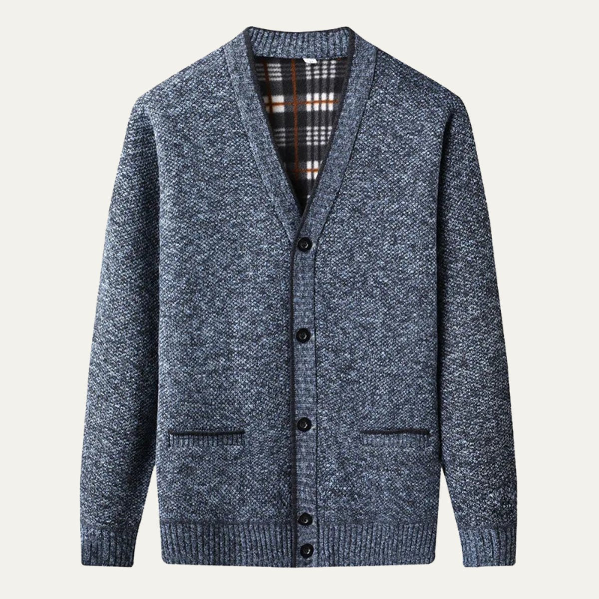 Men's plaid lined button up cardigan in blue