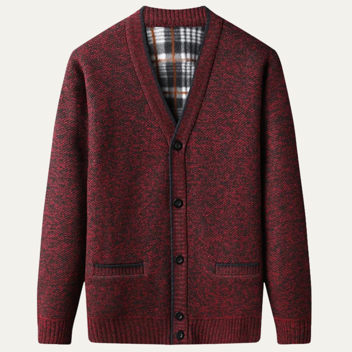 Men's plaid lined button up cardigan in burgundy — additional view