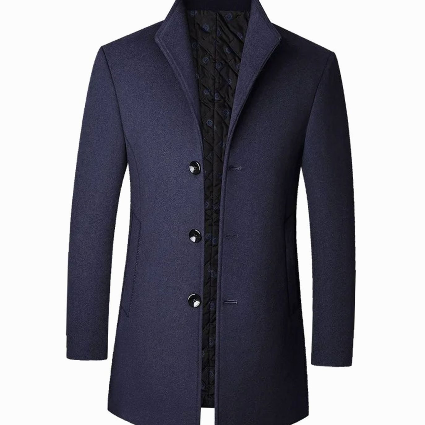 Men's stand-collar wool winter coat in navy blue — detail view