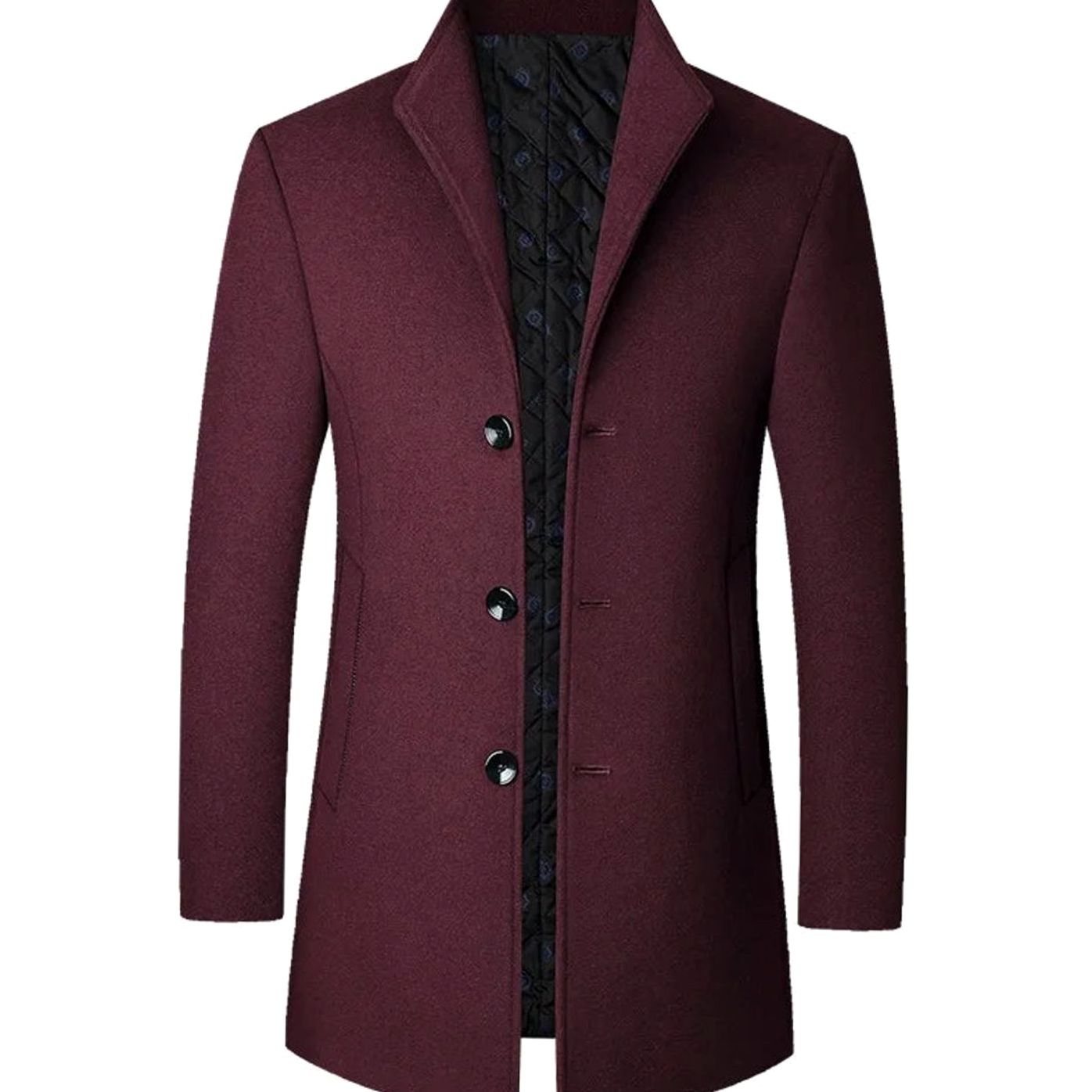 Men's stand-collar wool winter coat in burgundy — additional view