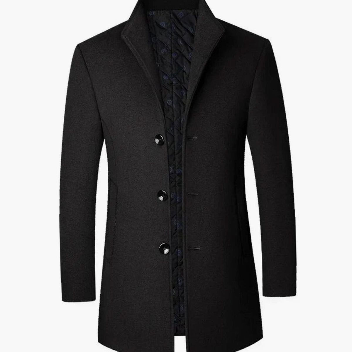Men's stand-collar wool winter coat in black — additional view