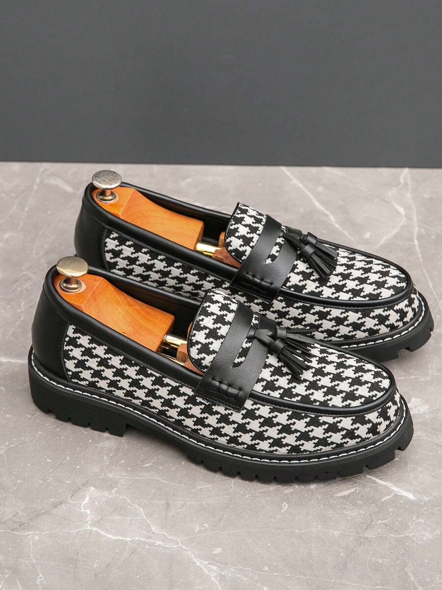 Men's houndstooth tassel loafers in black and white — additional view