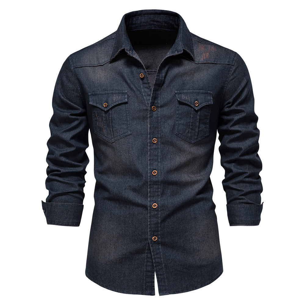 Men's button-up pocket shirt in navy blue — alternate view