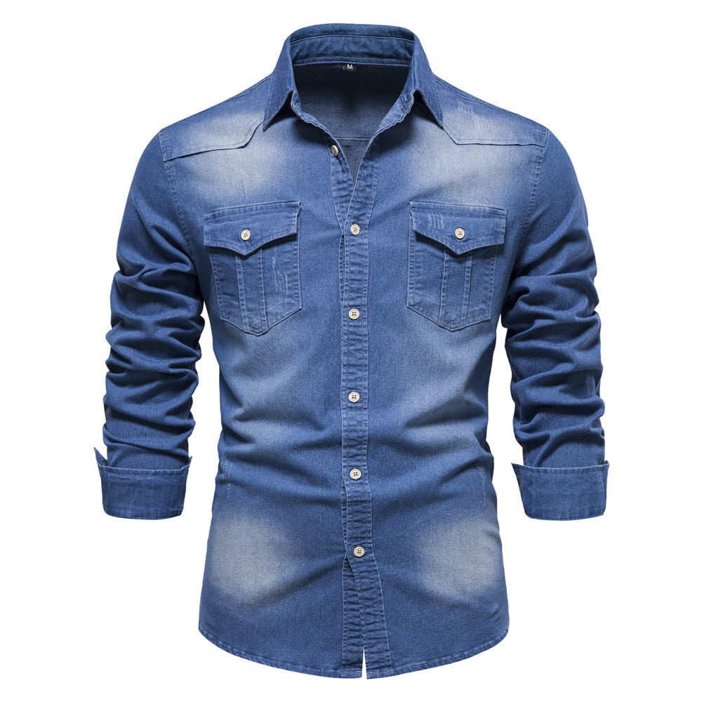 Men's button-up pocket shirt in blue — additional view