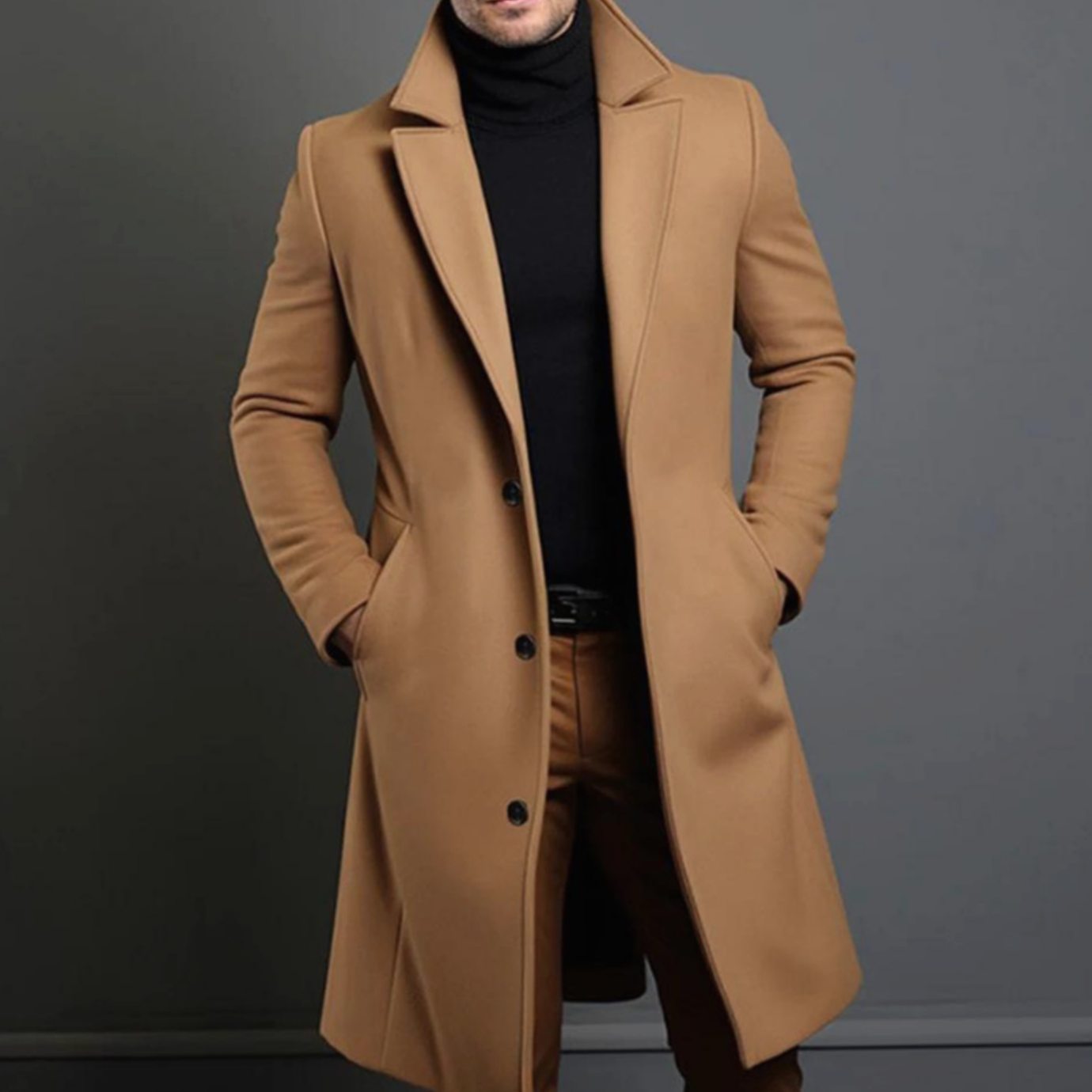 Men's slim-fit long wool coat in brown — alternate view