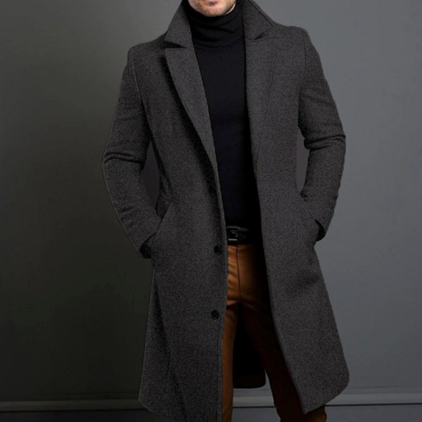 Men's slim-fit long wool coat in grey — detail view