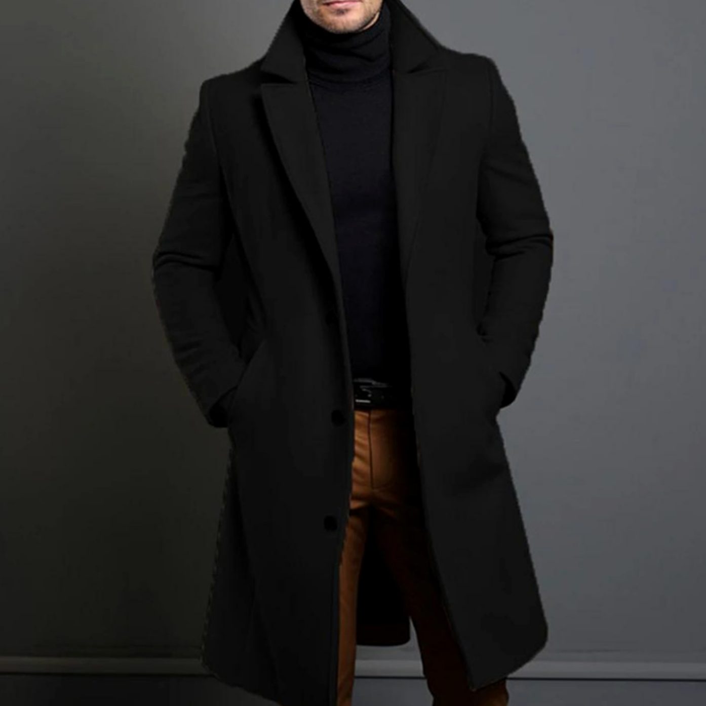 Men's slim-fit long wool coat in black