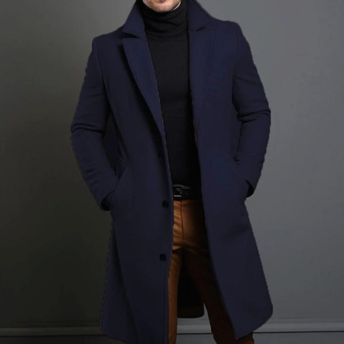 Men's slim-fit long wool coat in blue — additional view