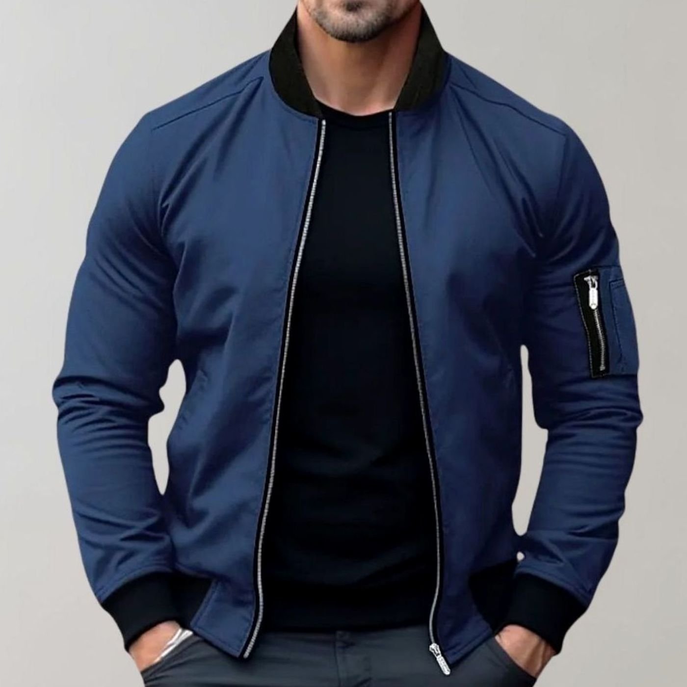 Men's slim-fit ribbed bomber jacket in blue