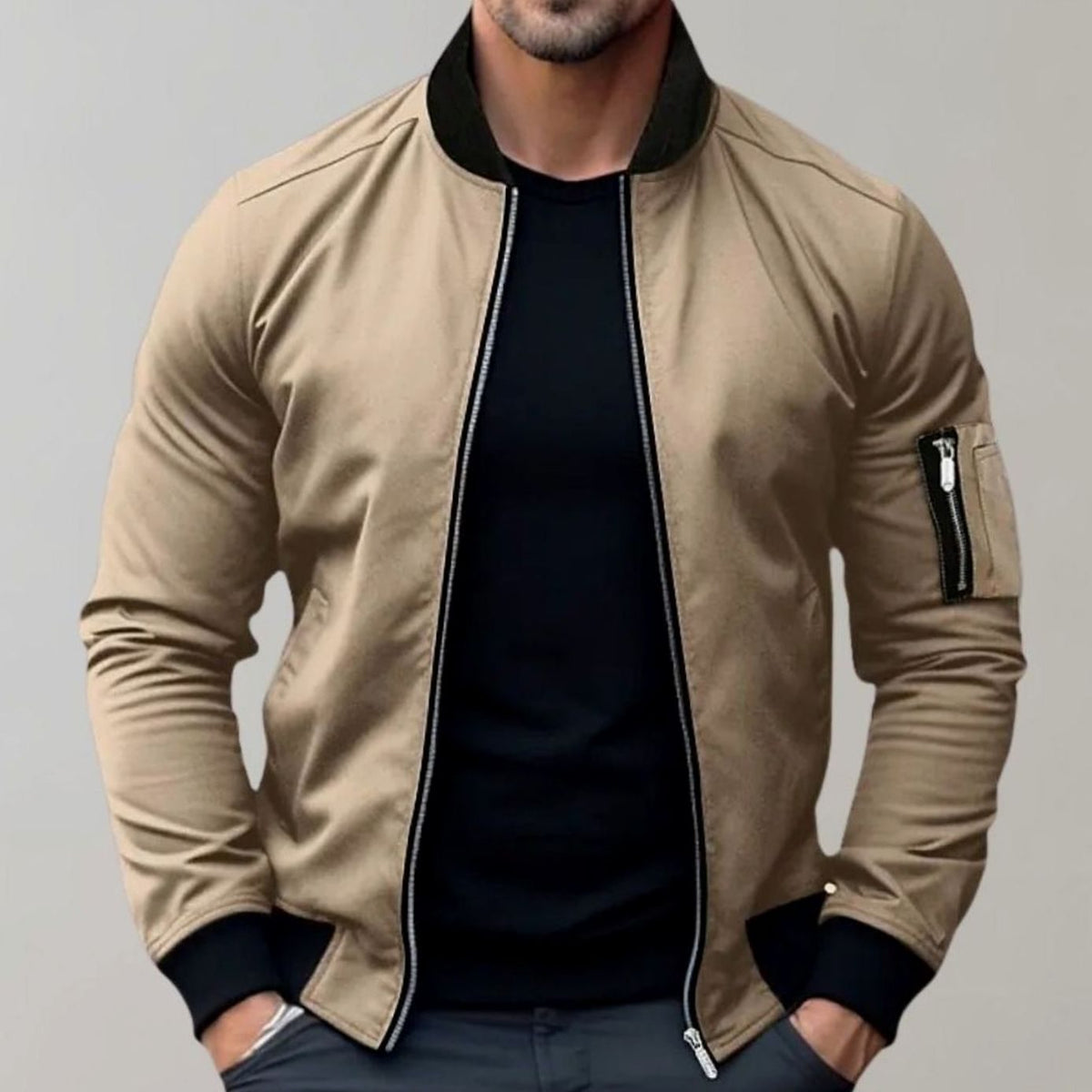 Men's slim-fit ribbed bomber jacket in khaki — alternate view