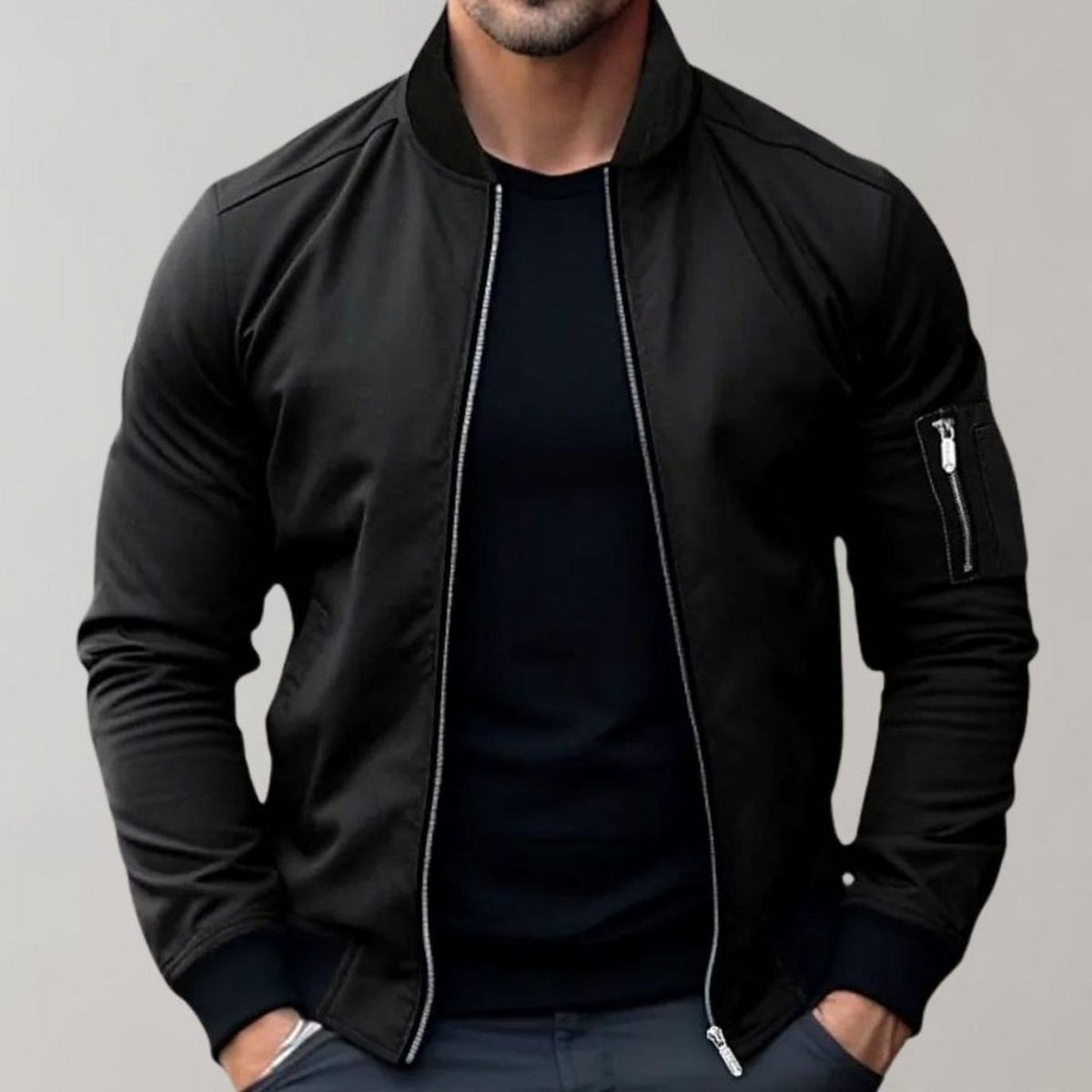 Men's slim-fit ribbed bomber jacket in black — detail view