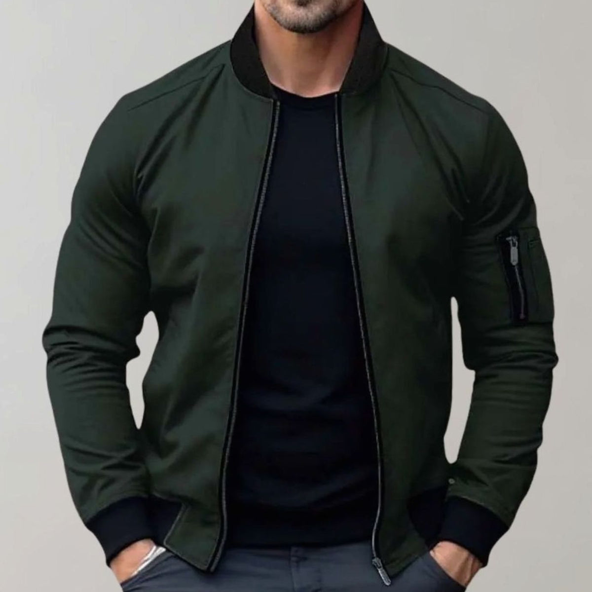 Men's slim-fit ribbed bomber jacket in green — additional view