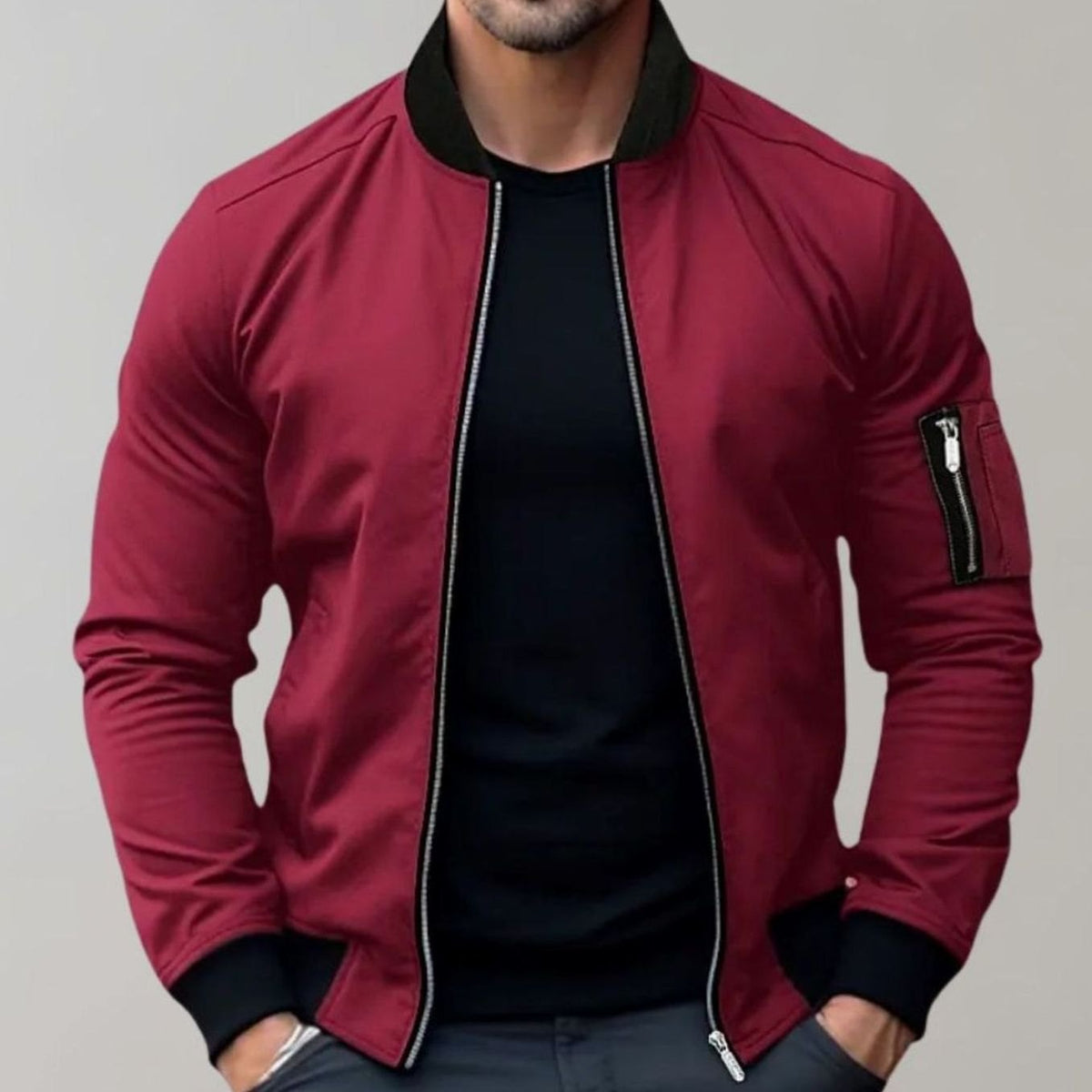 Men's slim-fit ribbed bomber jacket in burgundy — additional view