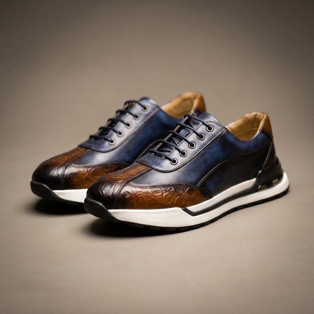 Men's textured low-top leather sneakers in blue — alternate view