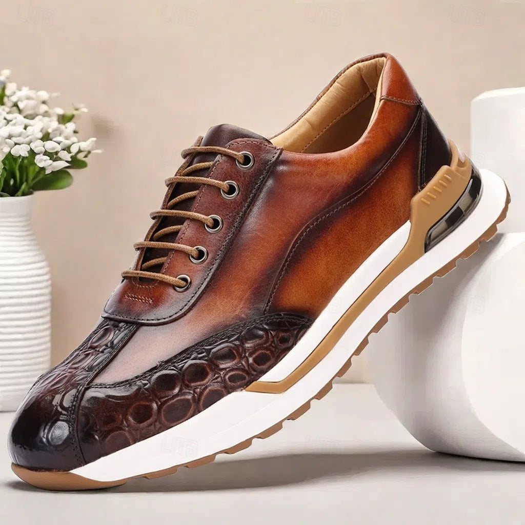 Men's textured low-top leather sneakers in brown