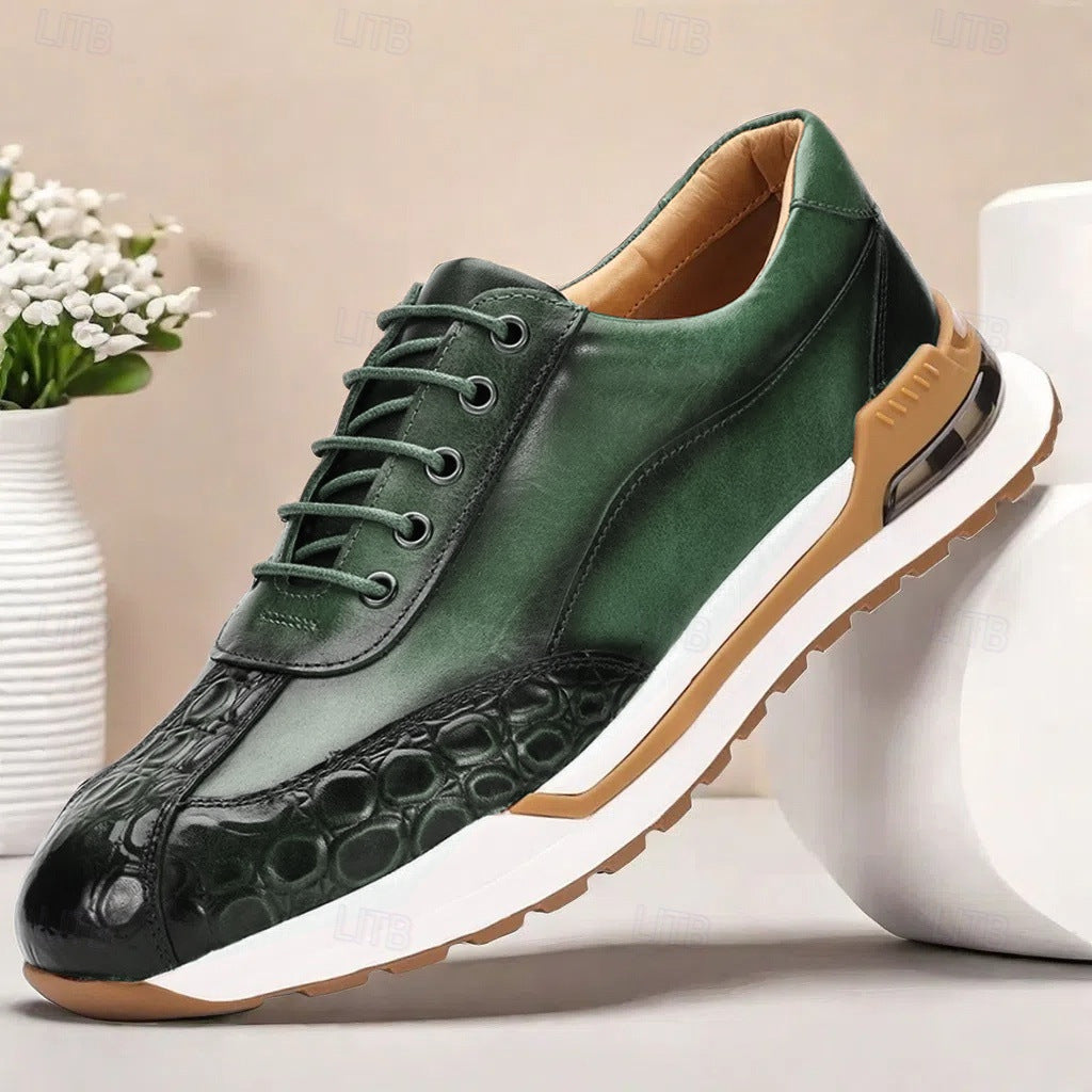 Men's textured low-top leather sneakers in green — detail view