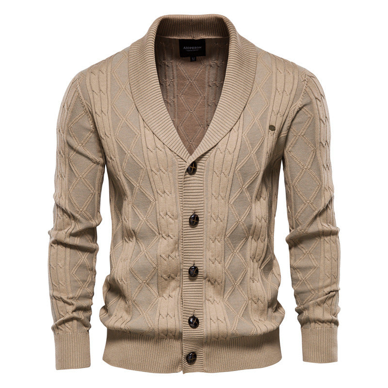 Men's shawl collar textured cardigan in khaki — alternate view
