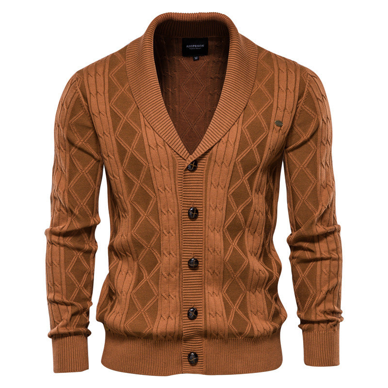 Men's shawl collar textured cardigan in yellowish brown — detail view