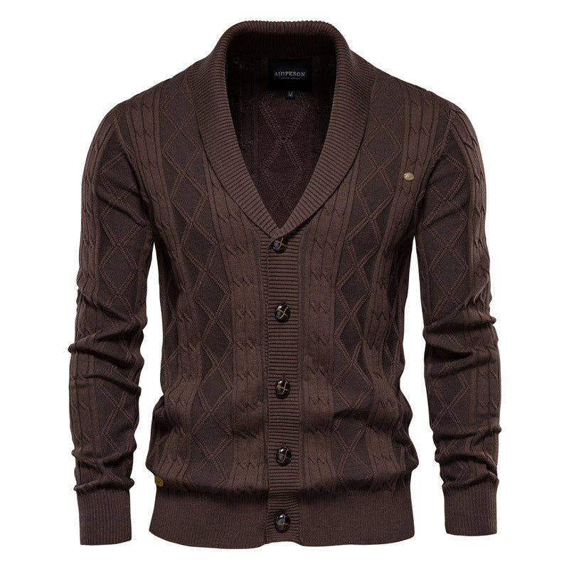 Men's shawl collar textured cardigan in dark brown — additional view
