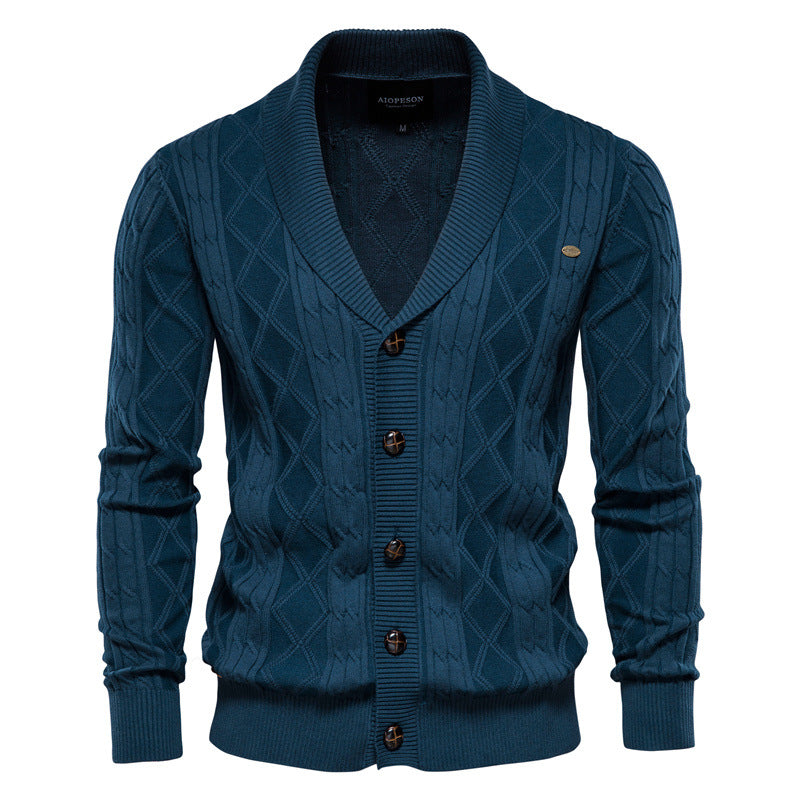 Men's shawl collar textured cardigan in navy blue — additional view