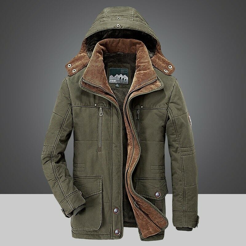 Men's hooded utility winter parka in green — detail view