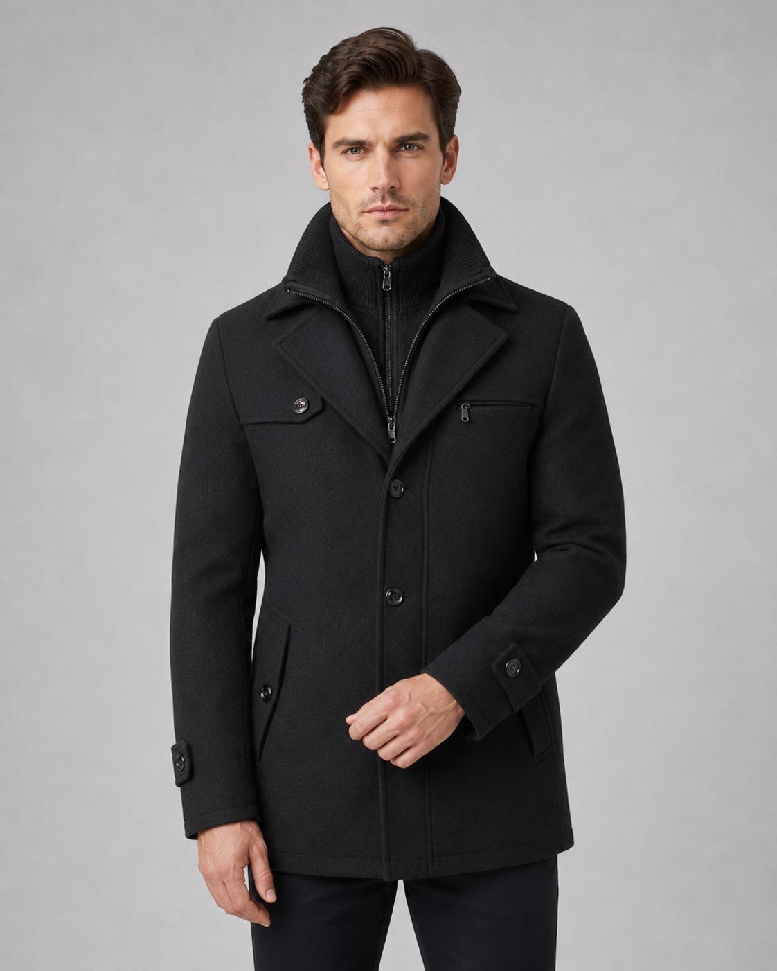 Men's funnel-neck tailored coat in black — additional view