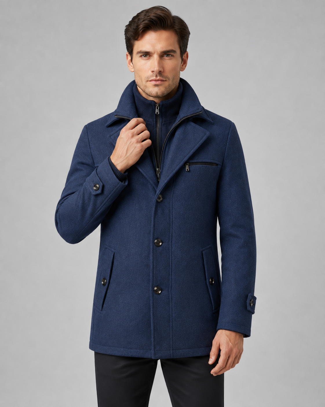 Men's funnel-neck tailored coat — detail view