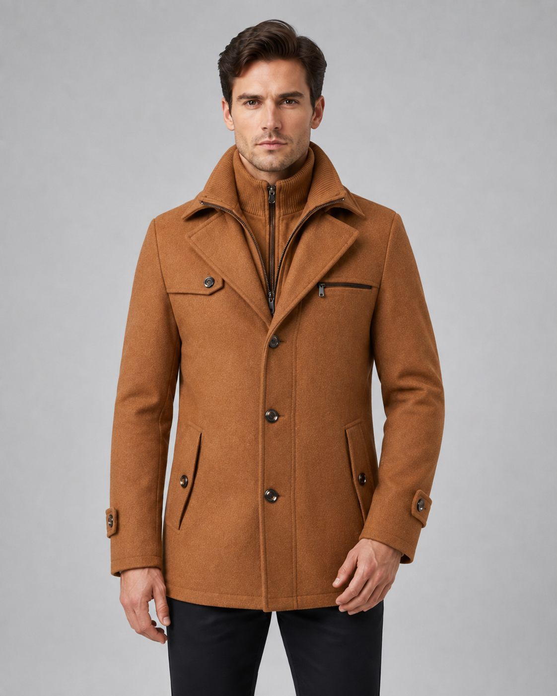 Men's funnel-neck tailored coat in khaki — additional view