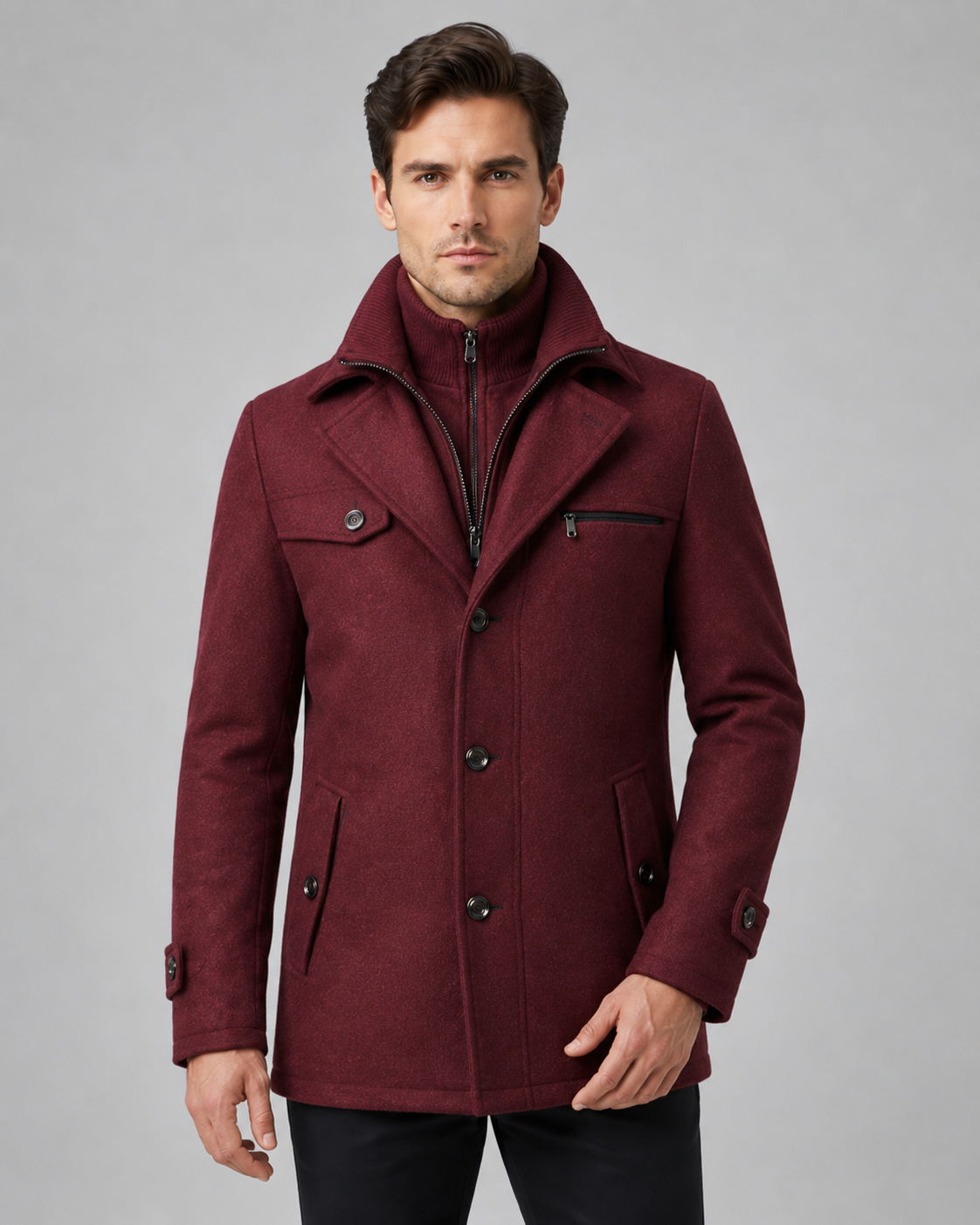 Men's funnel-neck tailored coat in burgundy — additional view