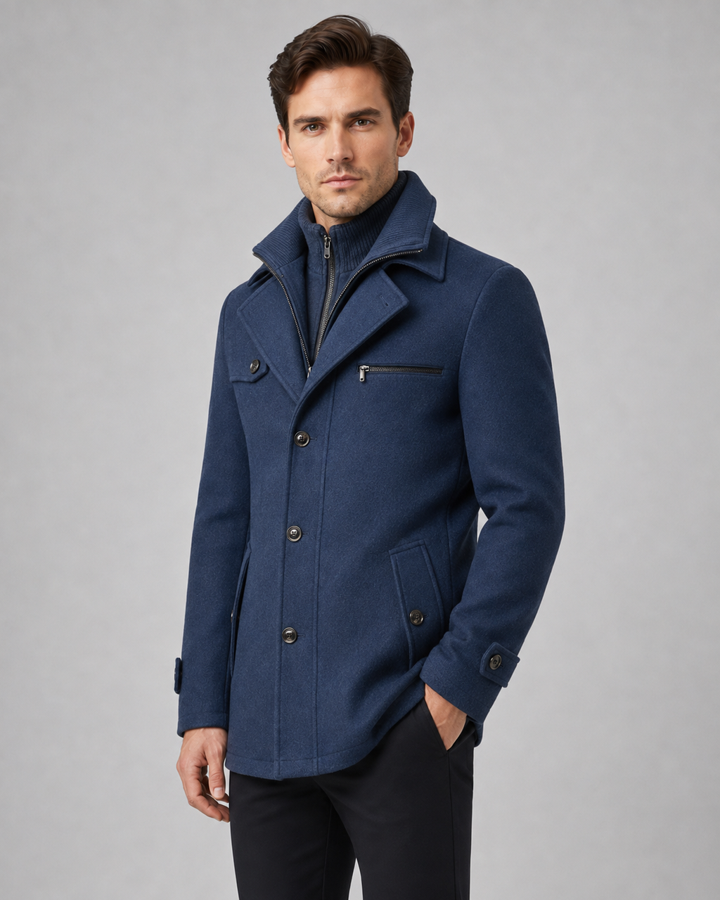 Men's funnel-neck tailored coat in navy