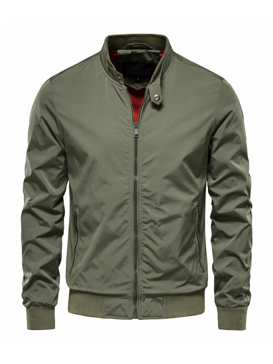 Men's zip-up stand-collar jacket in army green — detail view
