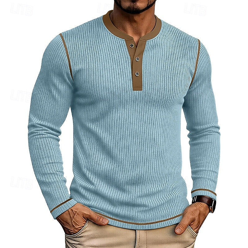 Men's ribbed long sleeve henley shirt in light blue — additional view