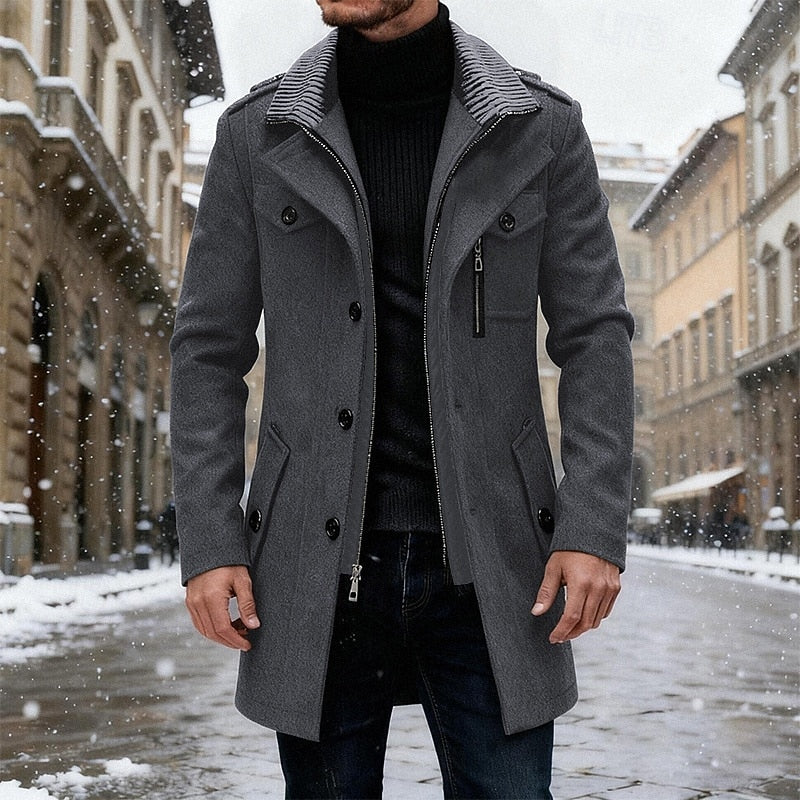 Men's refined tailored wool overcoat in gray