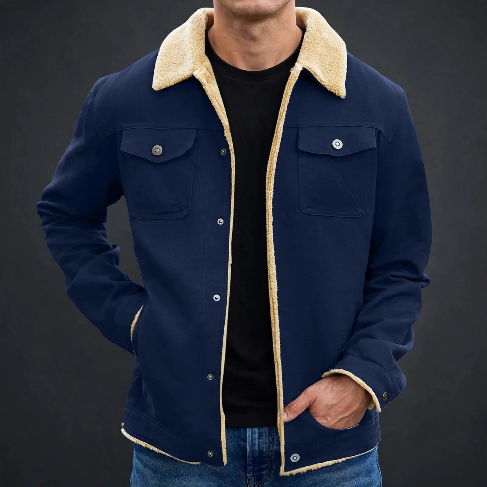 Men's sherpa-lined canvas work jacket — detail view