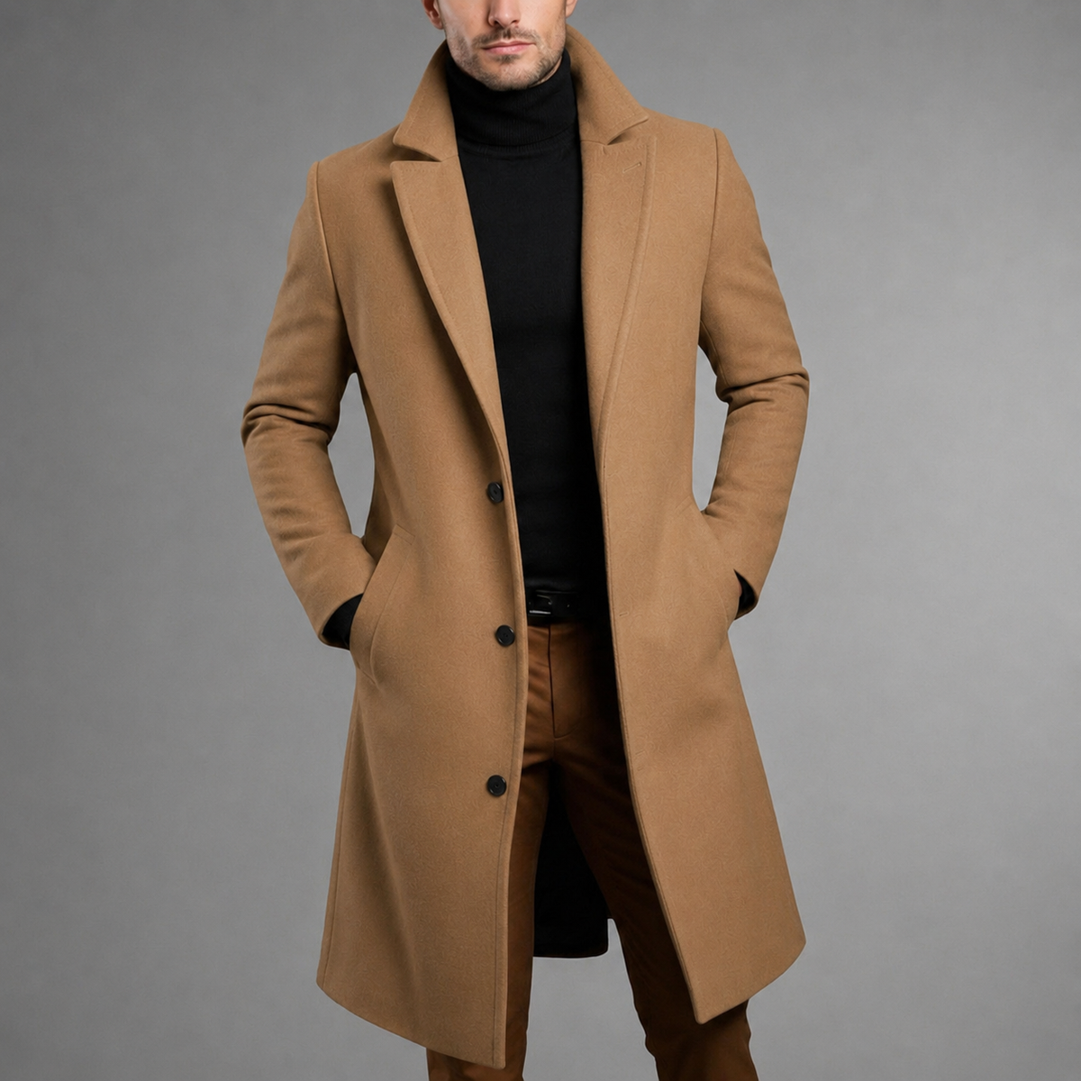 Men's slim-fit long winter coat in camel