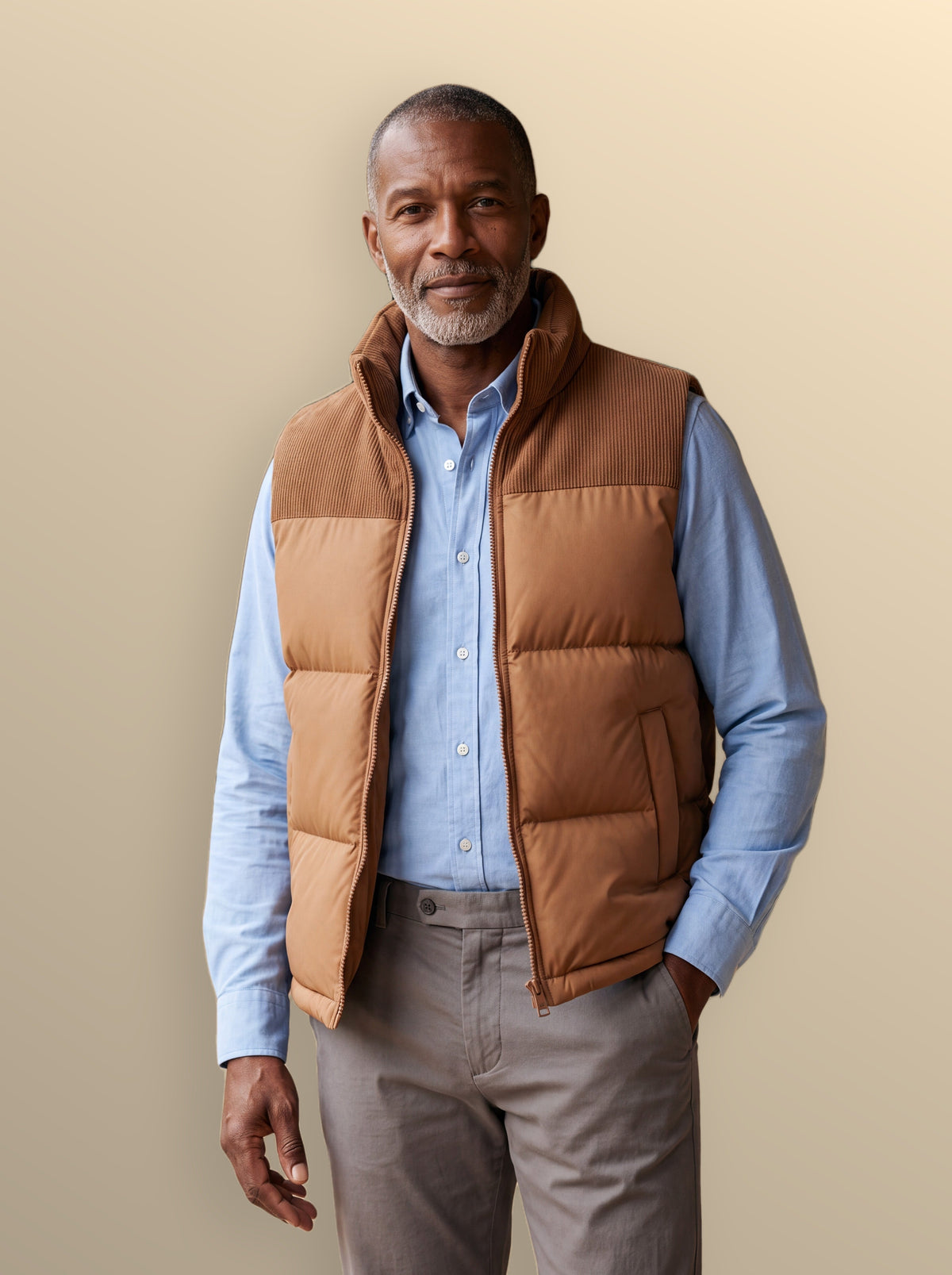 Men's slim-fit stand-collar puffer vest in brown — detail view