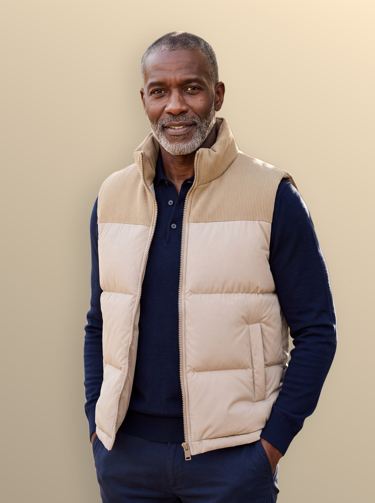 Men's slim-fit stand-collar puffer vest in cream — additional view