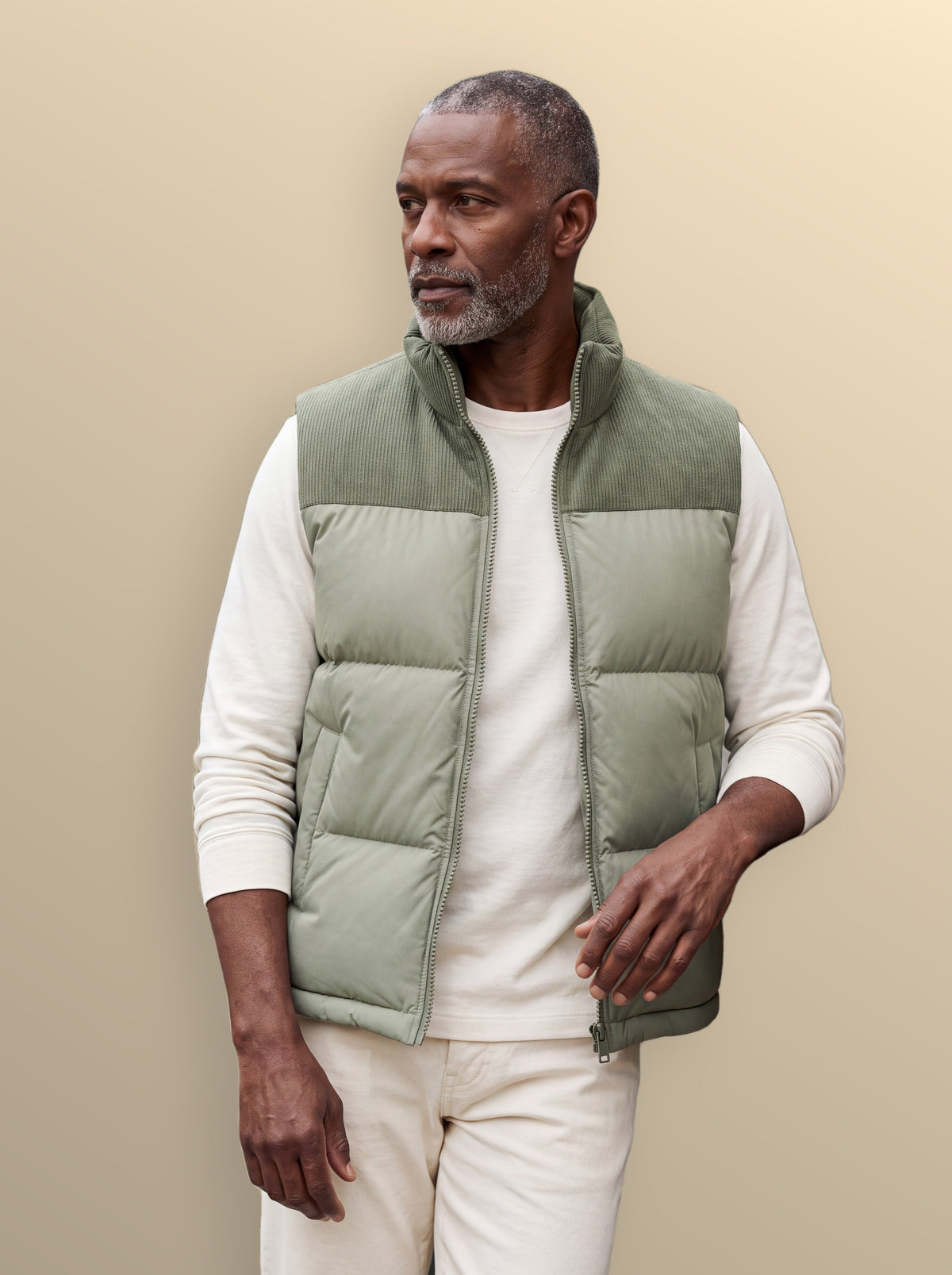 Men's slim-fit stand-collar puffer vest in green — additional view