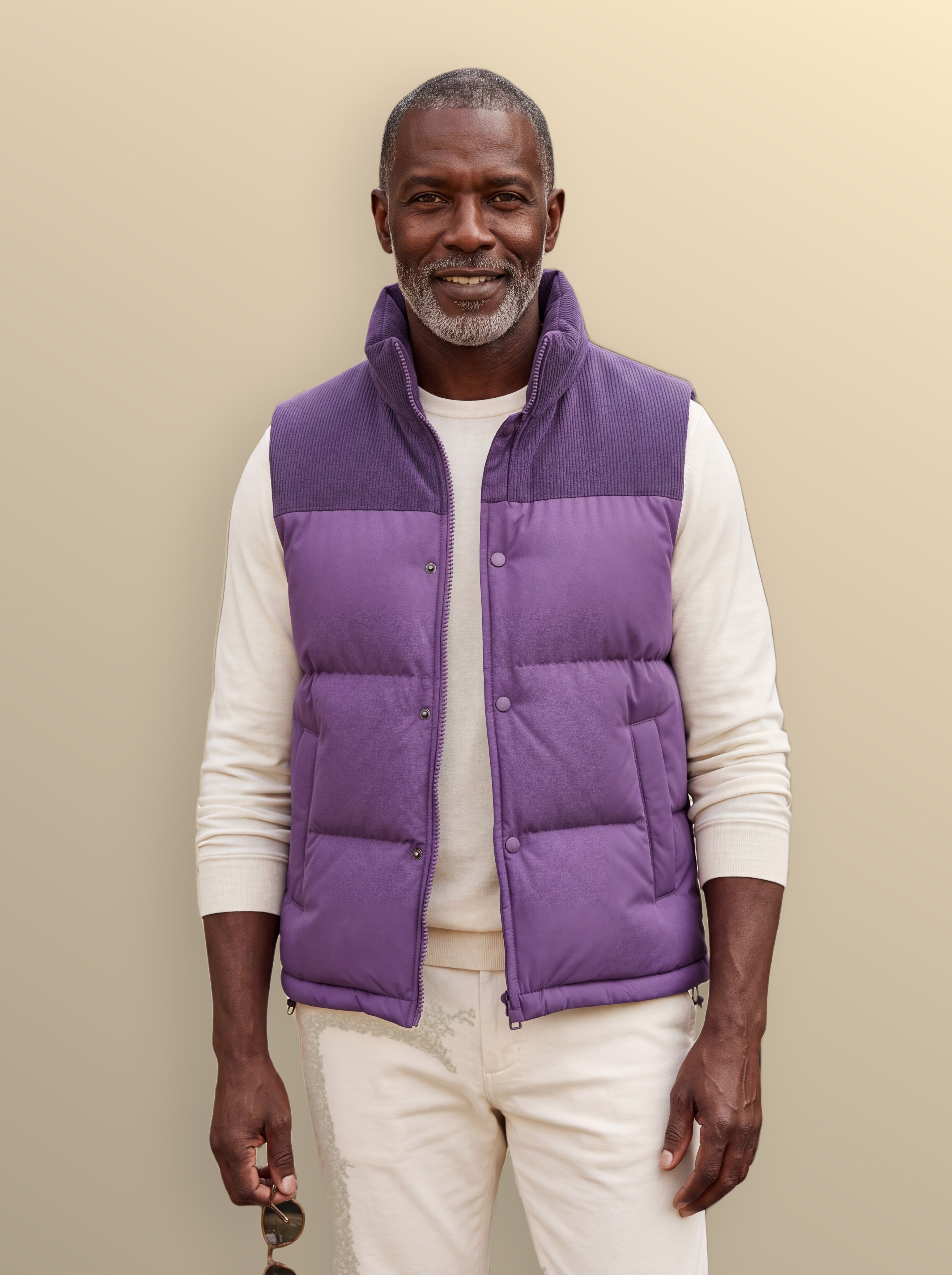 Men's slim-fit stand-collar puffer vest in purple — additional view