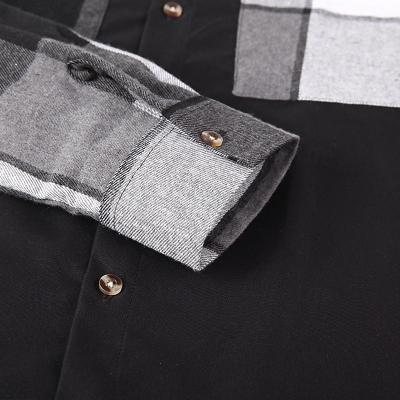 Men's patchwork button-up shirt jacket — detail view