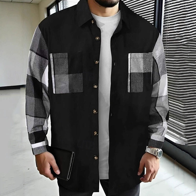 Men's patchwork button-up shirt jacket in black