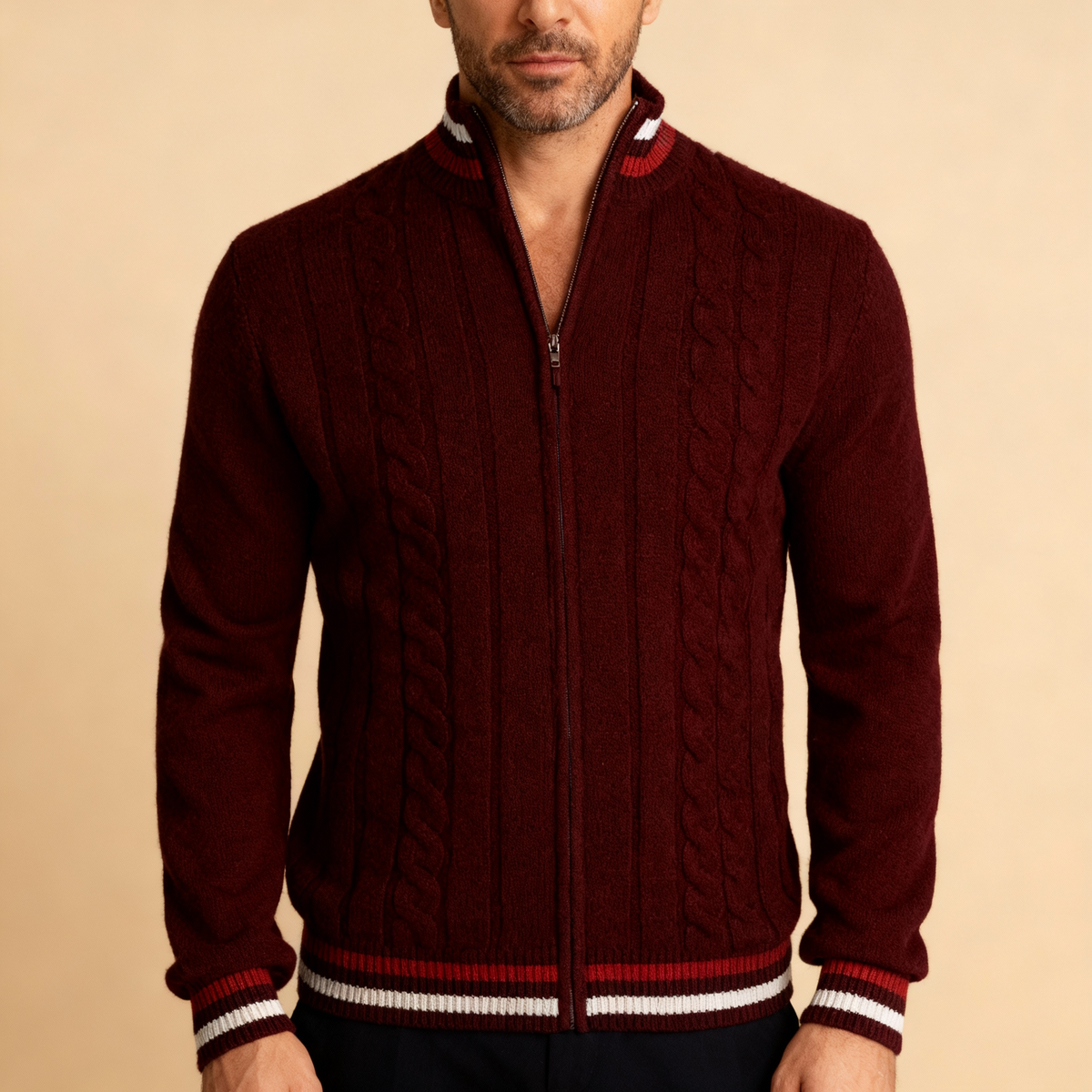 Men's quarter-zip cable-knit pullover in dark red — alternate view