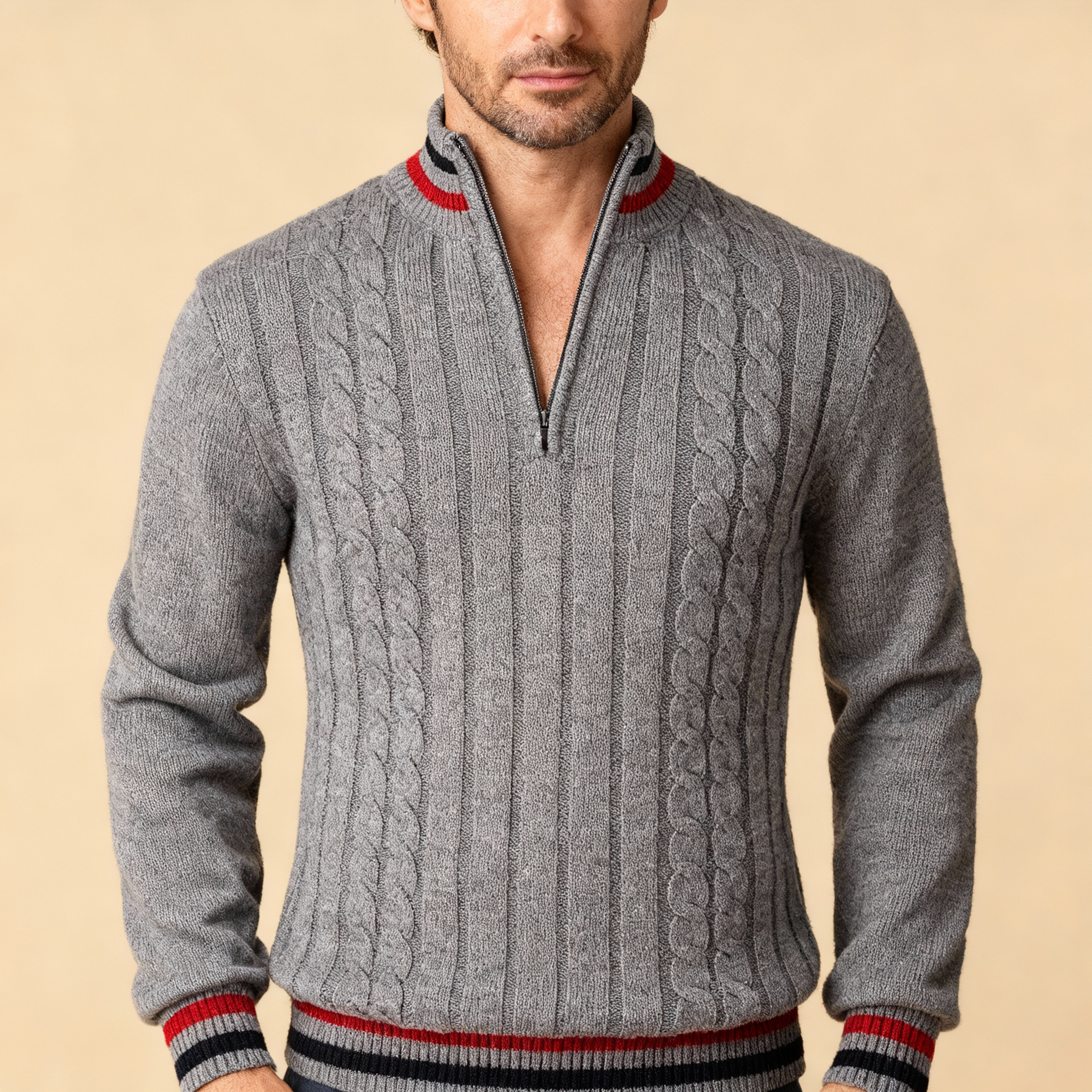 Men's quarter-zip cable-knit pullover in gray — detail view