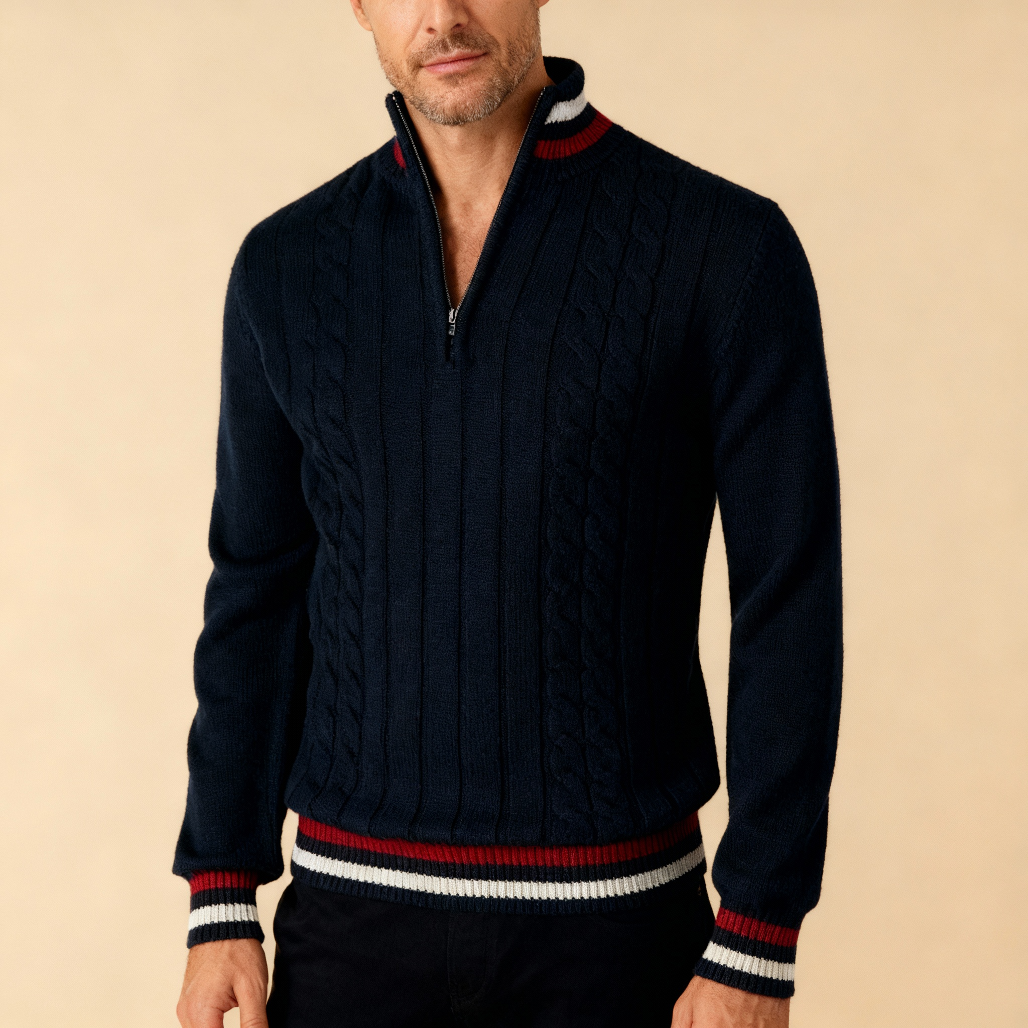 Men's quarter-zip cable-knit pullover in navy blue — additional view