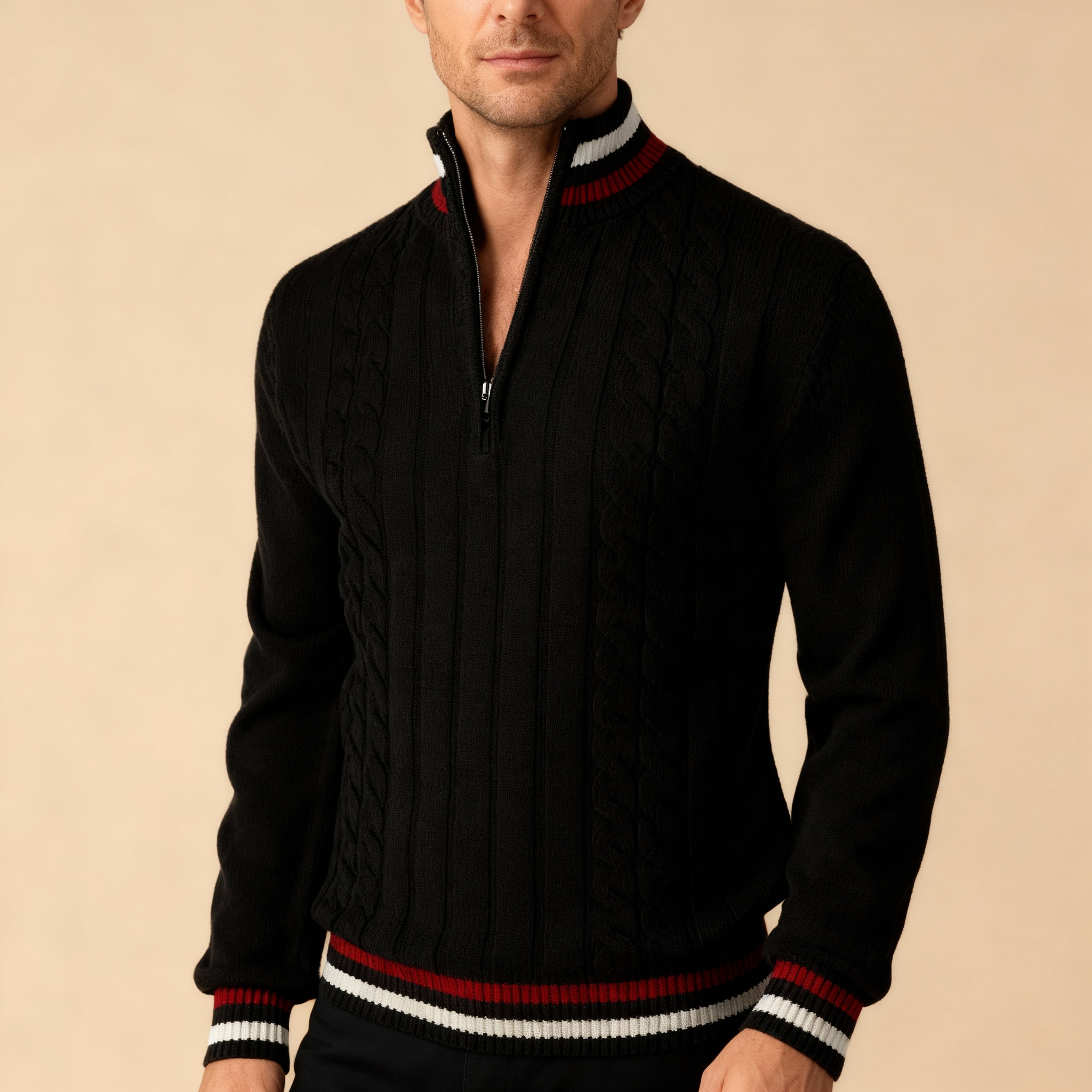 Men's quarter-zip cable-knit pullover in black — additional view