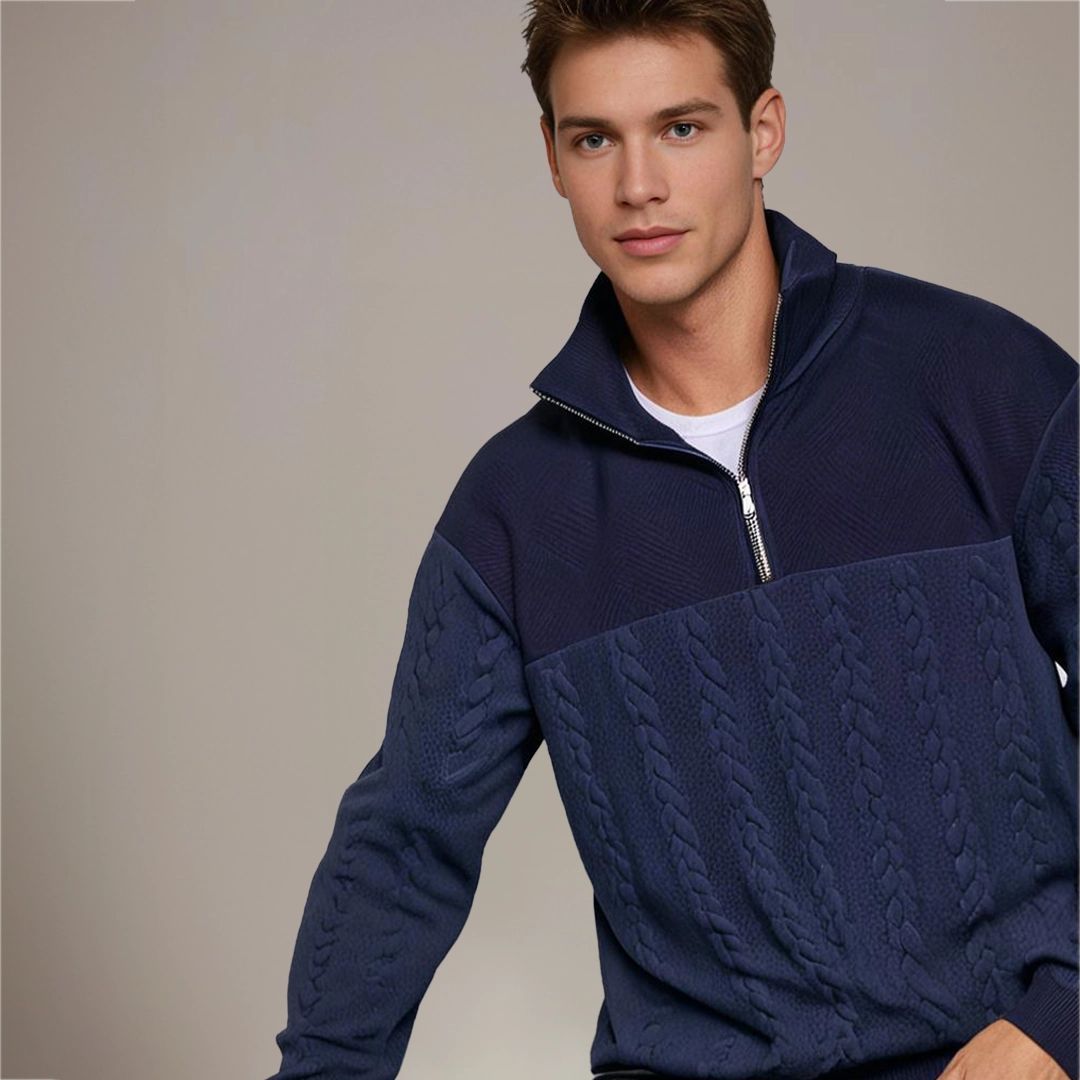 Men's half-zip cable-knit sweater in dark blue — additional view