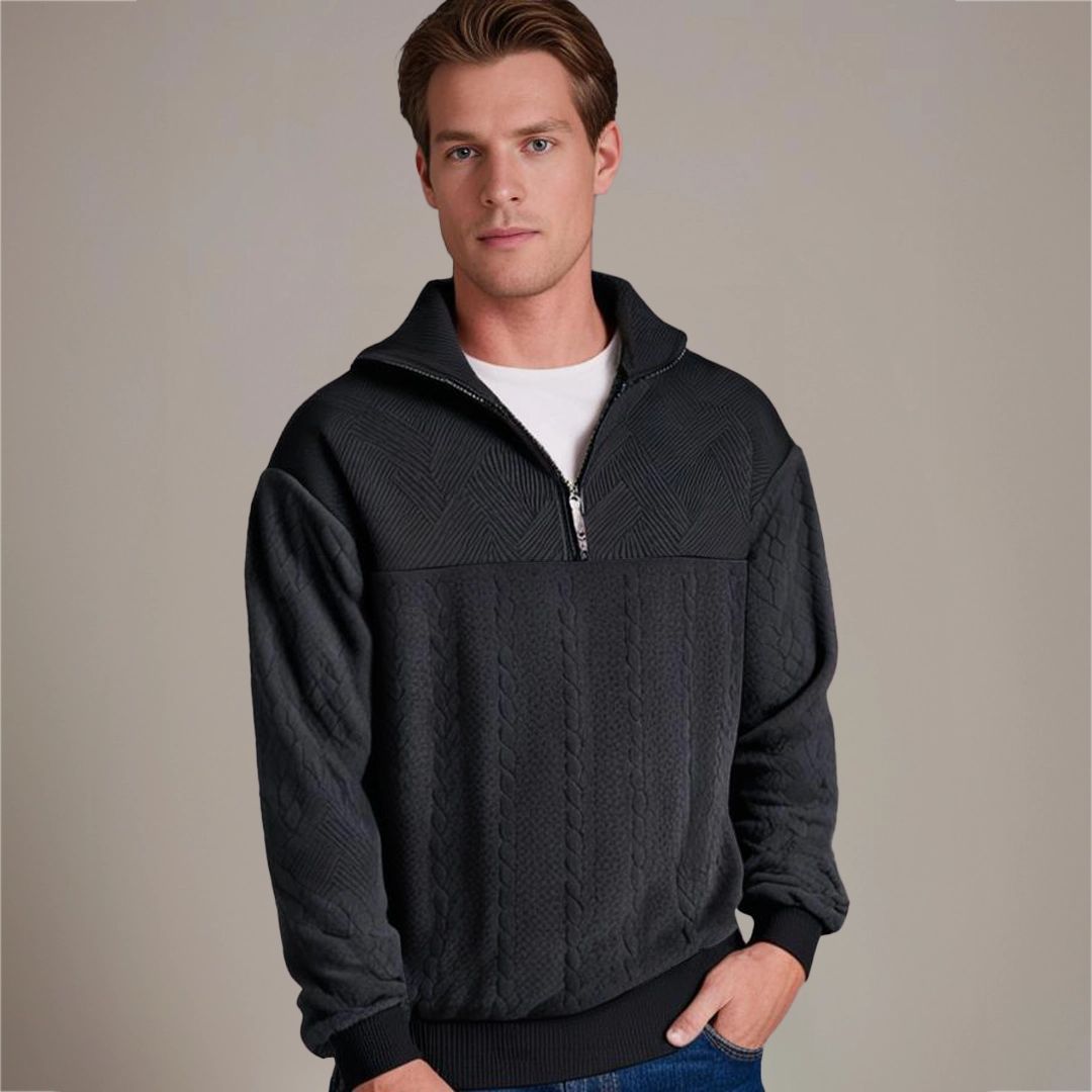Men's half-zip cable-knit sweater in black — additional view